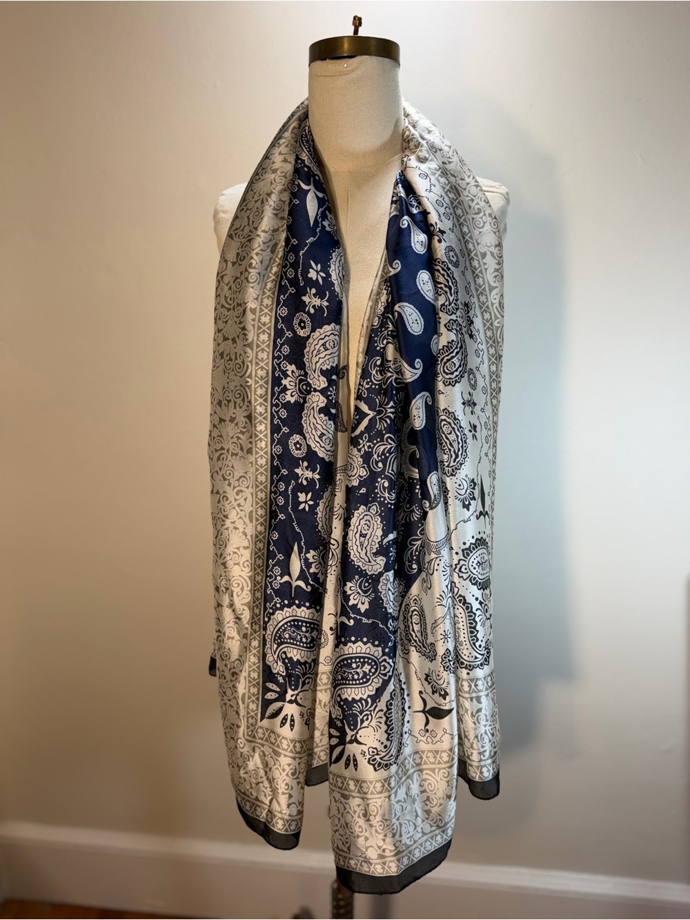 Lightweight Silk Navy and White Paisley Scarf - Classic 35” x 70”